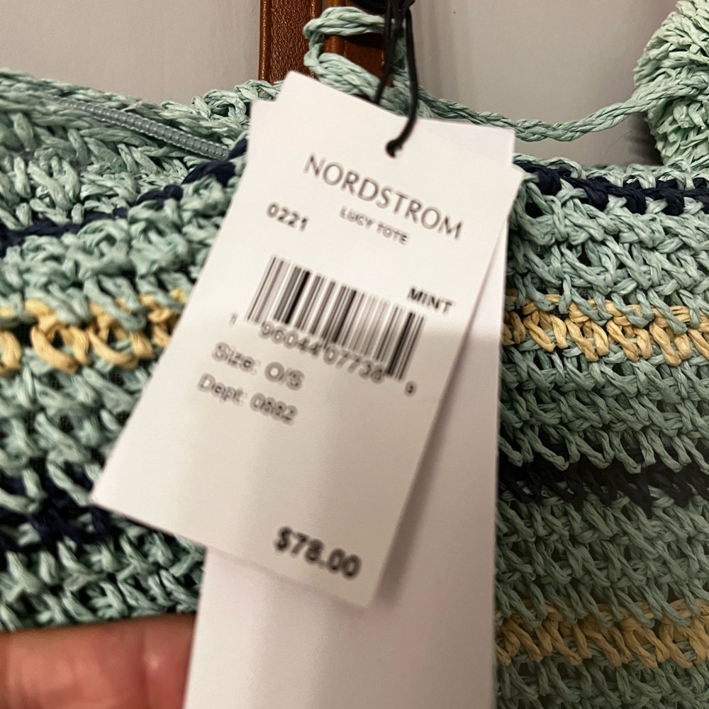 Striped Crochet Tote Bag - Mint and Navy - Picture 4 of 5